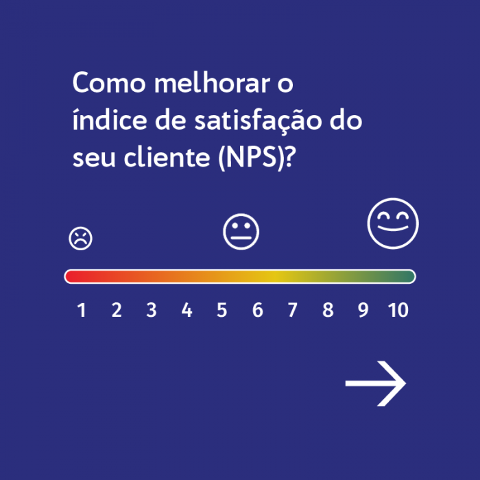 Fundo azul com um medidor colorido que vai do vermelho ao verde e do 1 ao 10 indicando o nível de satisfação do cliente, com carinhas tipo emojis, para representar o índice NPS